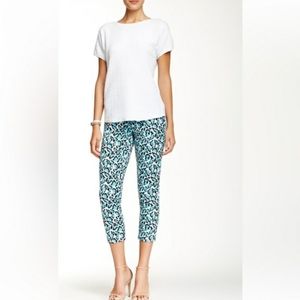 NEW Joan Vass Leopard Blue Cropped Cotton Pants